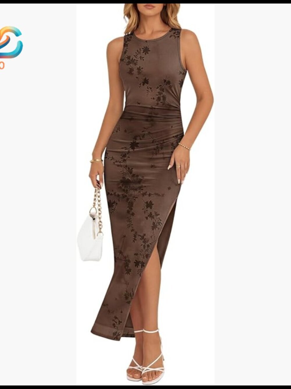 Sleeveless Maxi Dress Bodycon Ruched Side Slit Floral Print Party Club